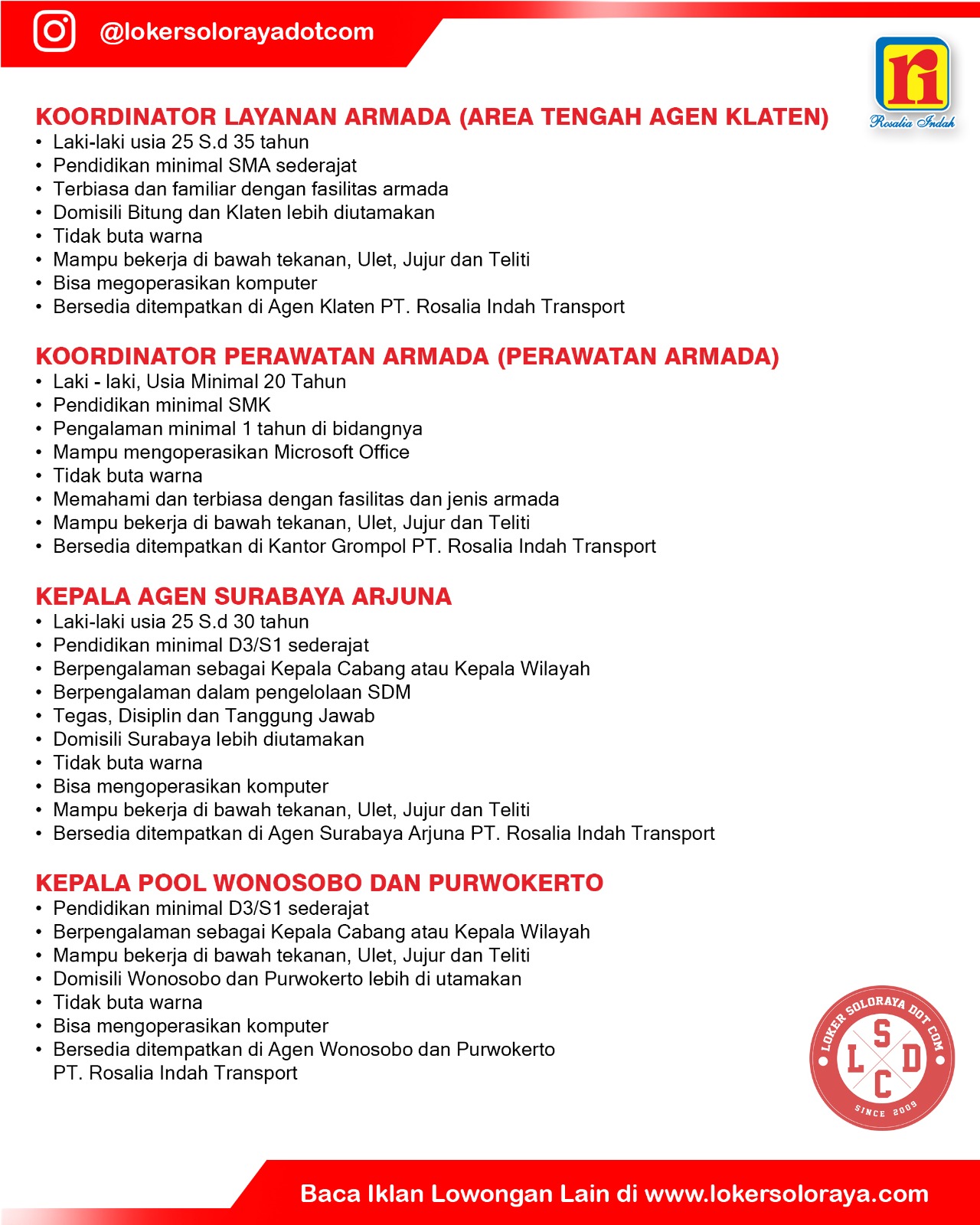 Loker Solo Raya Update di PT Rosalia Indah Transport