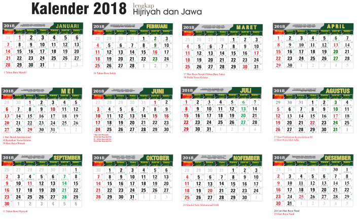 Kalender 2018 Masehi / 1439 Hijriyah Indonesia Lengkap 