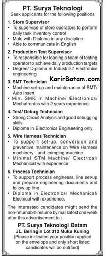 Lowongan Kerja PT. Surya Teknologi Batam