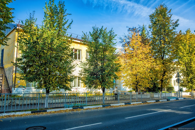 Двухэтажное желтое здание за деревьями