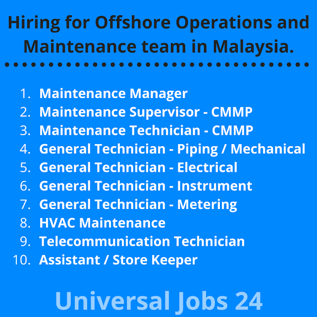 Hiring for Offshore Operations and Maintenance team in Malaysia