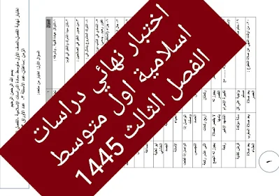اختبار نهائي دراسات اسلامية اول متوسط الفصل الثالث 1445