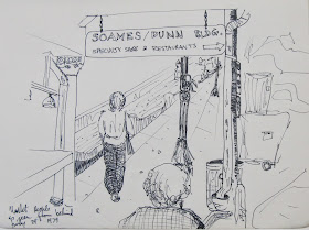 "Market People, Pike Place Market, Seattle." 8.5 x 11 inches. Pen and Ink. 1979