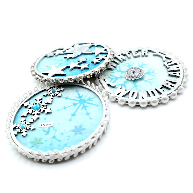 Winter Snow and Ice Layered Chipboard Artist Trading Coins with Rhinestones and Snowflakes