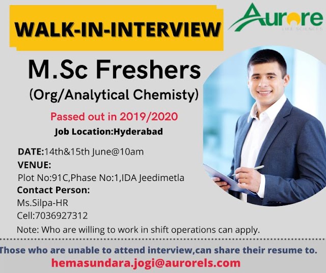 Aurore Life Sciences | Walk-in interview for MSc Freshers on 14&15th Jun 2021