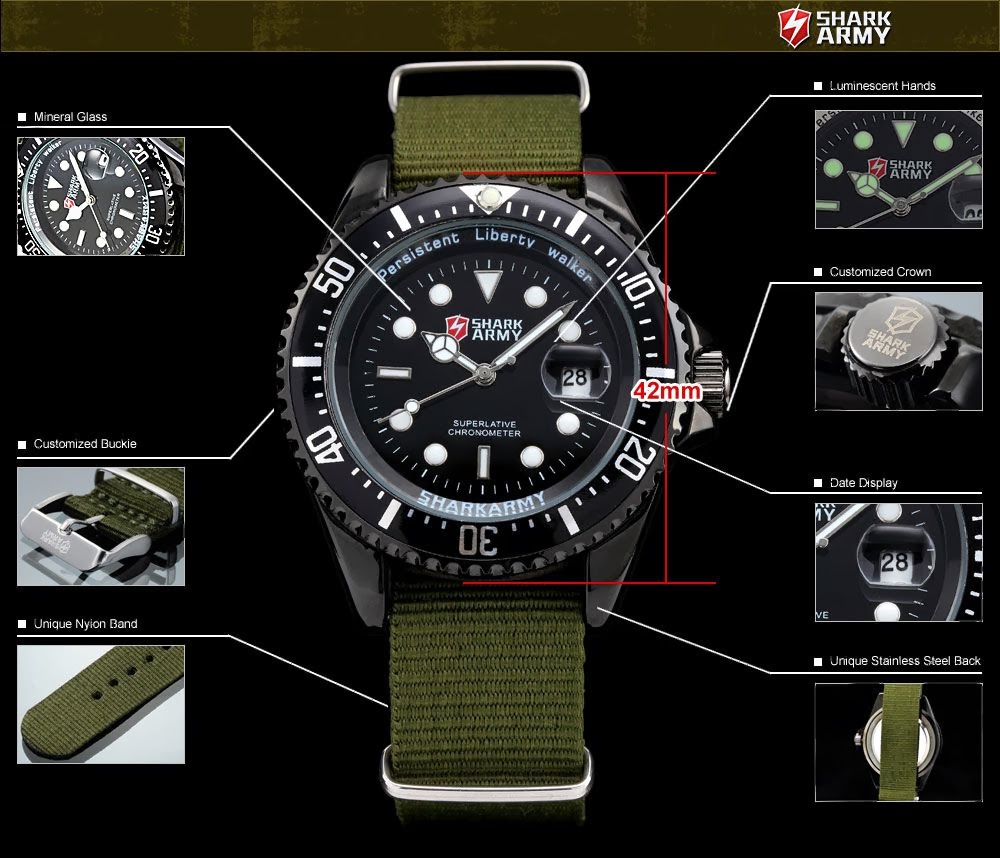 ... , Shark Army Green Nylon Date Military Sport Quartz Watch for Men