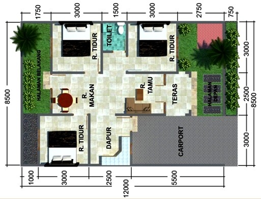 gambar denah rumah satu lantai tiga kamar 1