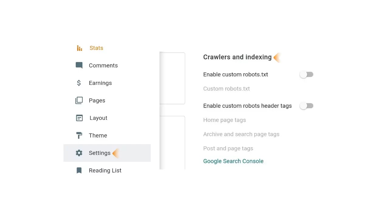 Click Settings and go to Custom Robot Header Tag under Crawler and Indexing