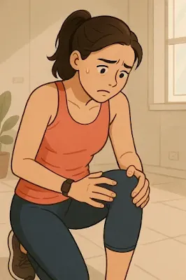 무릎을 잡고 걱정하는 사람