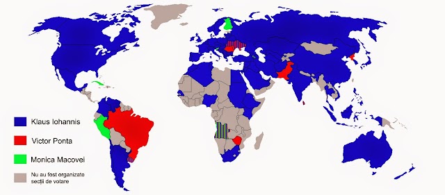 Harta votului din diaspora la alegerile prezidențiale 2014, primul tur