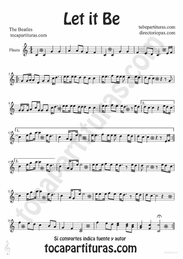 tubescore: Let it Be by The Beatles sheet music for Flute and Recorder Pop - Rock Music Score