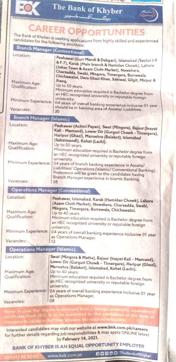 The Bank of Khyber Jobs 2021