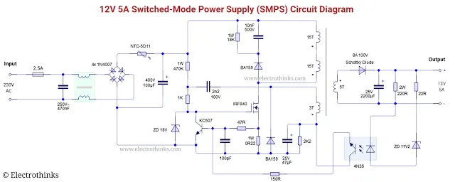 Schematic of 12V 5A Switched-mode power supply (SMPS) Circuit