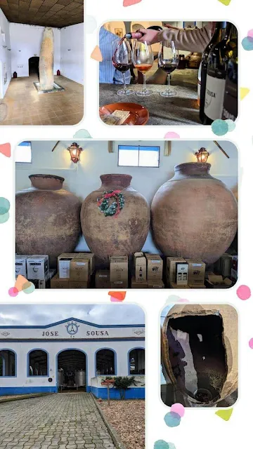 Collage of pictures from Adega José de Sousa in Alentejo Portugal including clay pots for making talha wines
