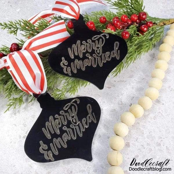 How to Make Merry and Married Acrylic Ornaments!  It's the 12 days of giveaways and I've got another fun FREE SVG for these darling acrylic ornaments! Merry and Married!   Make the perfect acrylic ornament with vinyl for anyone that got married this year!    FREE SVG FILE AT THE END OF THIS POST!!!