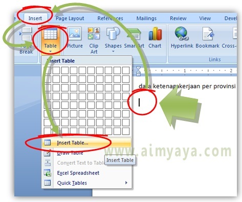  Gambar: Cara menyisipkan tabel yang memiliki ukuran baris dan kolom yang banyak/besar di Microsoft Word