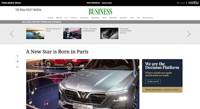 Wall Street Journal đưa tin về Vinfast trong bài viết Một ngôi sao mới được sinh ra ở Paris