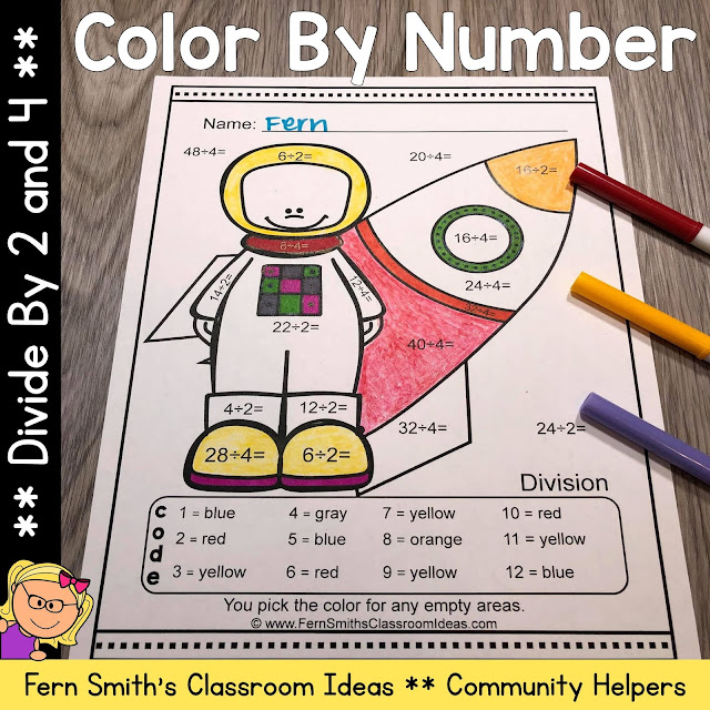 Community Helpers Career Themed Color By Number Divide by 2 and 4 Printable Resource