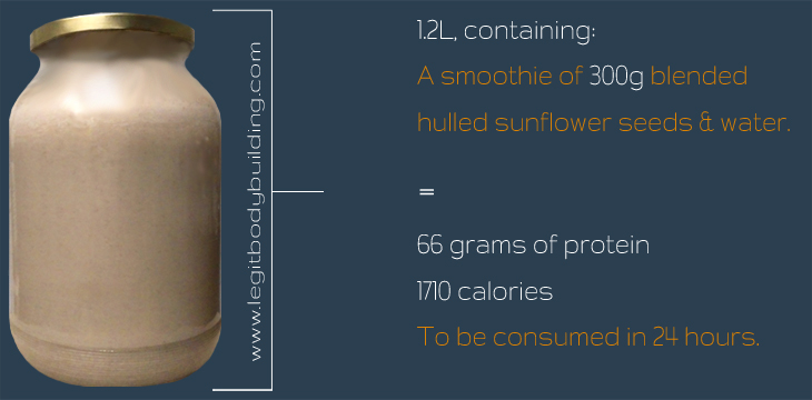 A 1.2L glass jar filled with a fresh smoothie from sunflower seeds, and the amounts of protein and calories in it