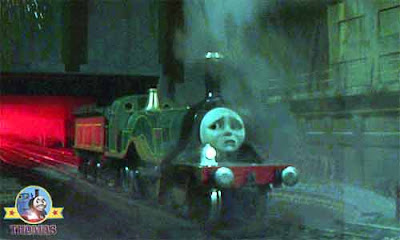 Thomas and friends Emily the green engine at Island of Sodor Ironworks traveling on her new route