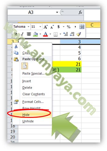  Gambar: Menyembunyikan sebuah baris 