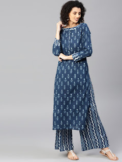 Blue Printed Kurta with Palazzos- Jaipur Kurti Women