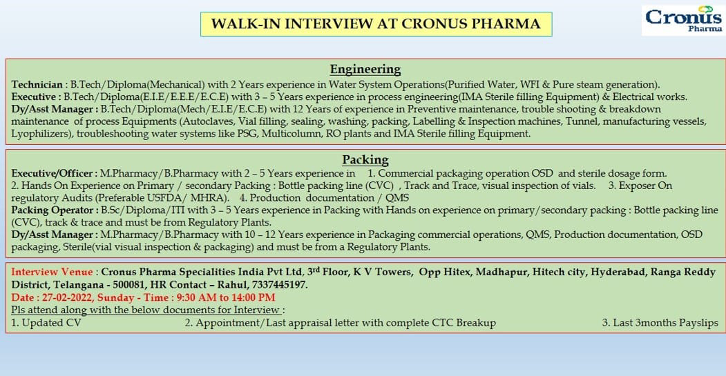 Job Availables,Cronus Pharma Specialities India Pvt Ltd Walk-In-Interview For B.Pharm/ M.Pharm/ BSc/ Diploma/ ITI/ B.Tech/ Diploma in Mechanical/ EIE/ ECE/ EEE