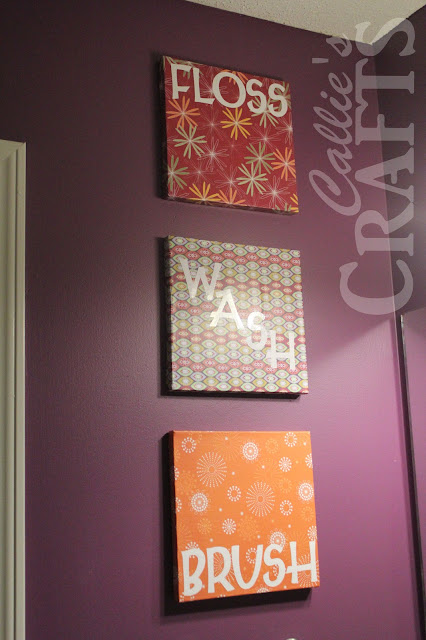 DIY, Bathroom Art , Mod Podge,Vinyl Cricut Letters, purple paint, floss, brush, wash,flush