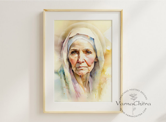Saint Anne, Older Version, Mother of Holy Virgin Mary, Watercolor Painting By Biju Varnachitra