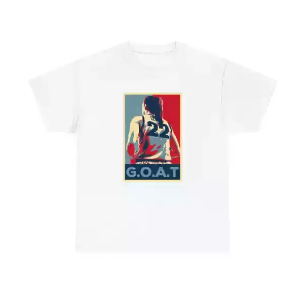 a white t-shirt with a picture of basketball player Caitlin Clark and text saying GOAT
