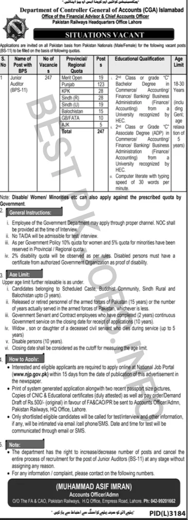 Department Controller of General Accounts CGA Islamabad New Jobs 2023 Apply Now