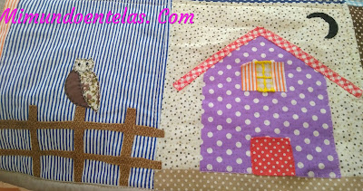 aplicaciones de casa, valla y buho para manta quilt en patchwork