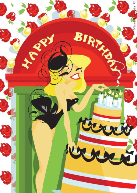 Nina Mierowska ilustrações pin-ups garotas caricatas sensuais mulheres Acendendo as velas do bolo de aniversário