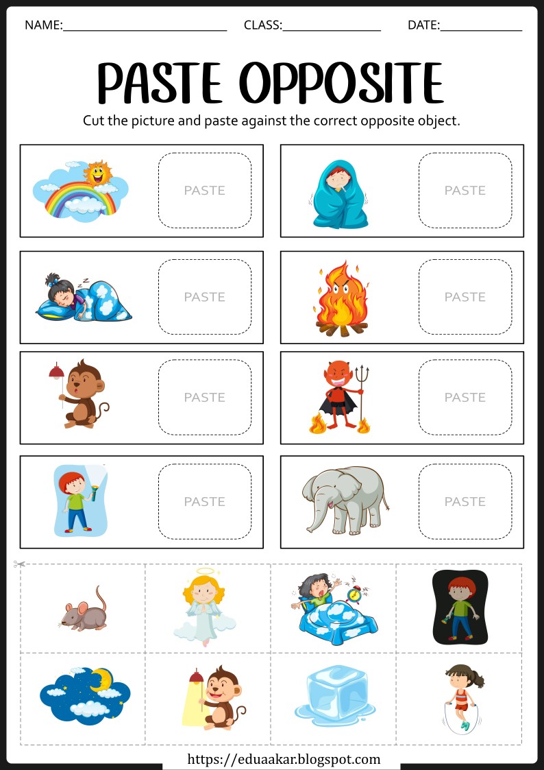 Opposite worksheets for Kindergarten