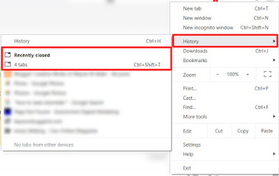 Screen Capture which shows how to navigate to Restore Recently Closed Tabs option in Google Chrome