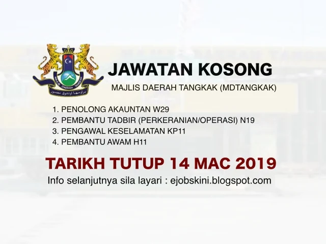 Jawatan Kosong Majlis Daerah Tangkak (MDTangkak) Mac 2019