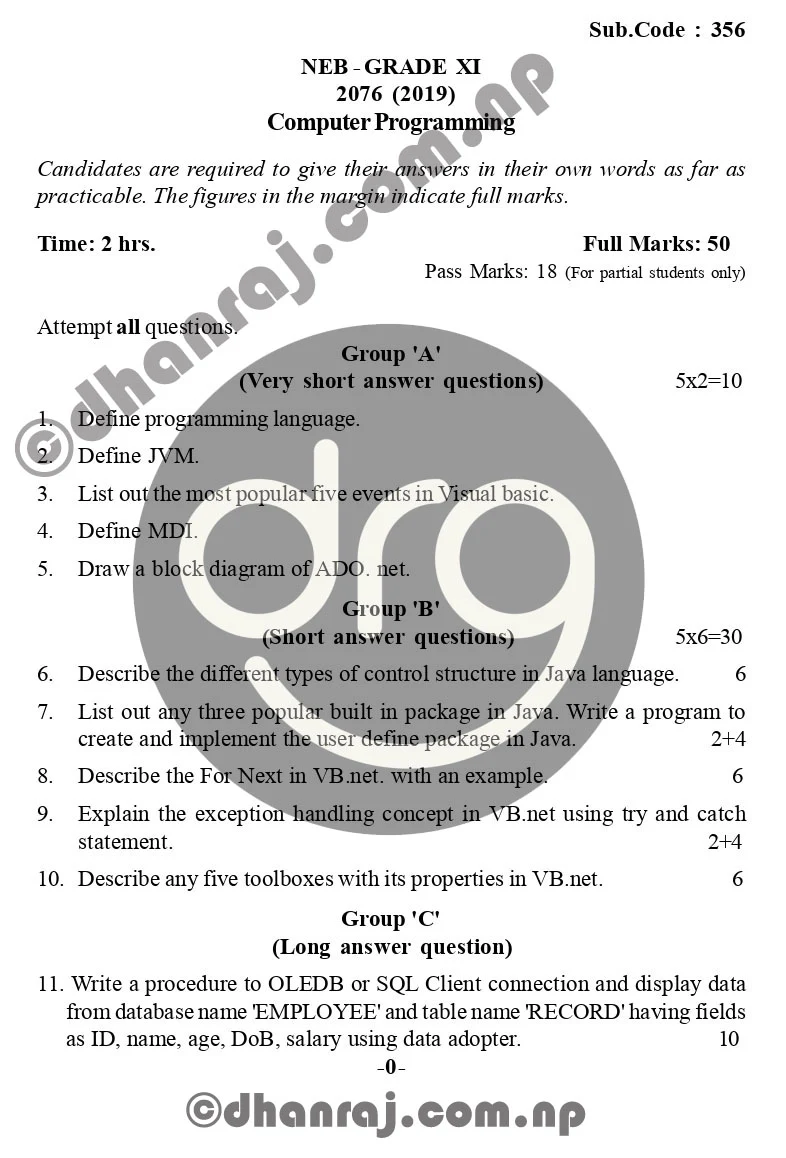 Computer-Programming-Grade-11-XI-Question-Paper-2076-2019-Subject-Code-356-NEB