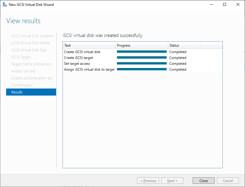 iSCSI disk successfully created