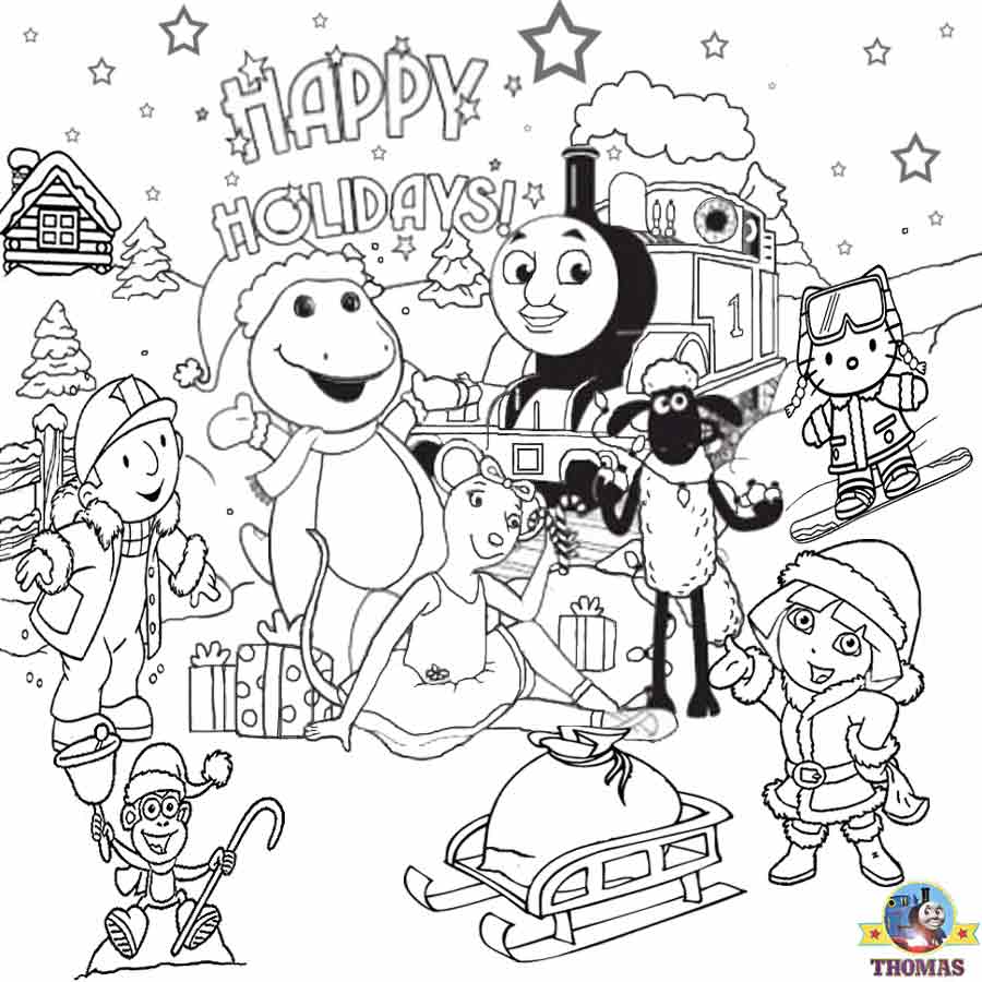 Dora Hello Kitty Bob Builder Barney Thomas Train free printable Christmas coloring pages to color in