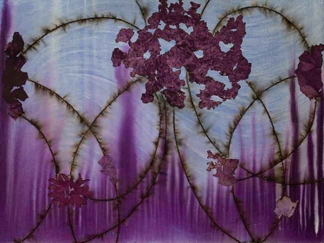 Orchid Tango, by Mira Lehr (2022). Burned & Dyed Japanese Paper, acrylic ink, burnt fuses on canvas (36” x 48”).