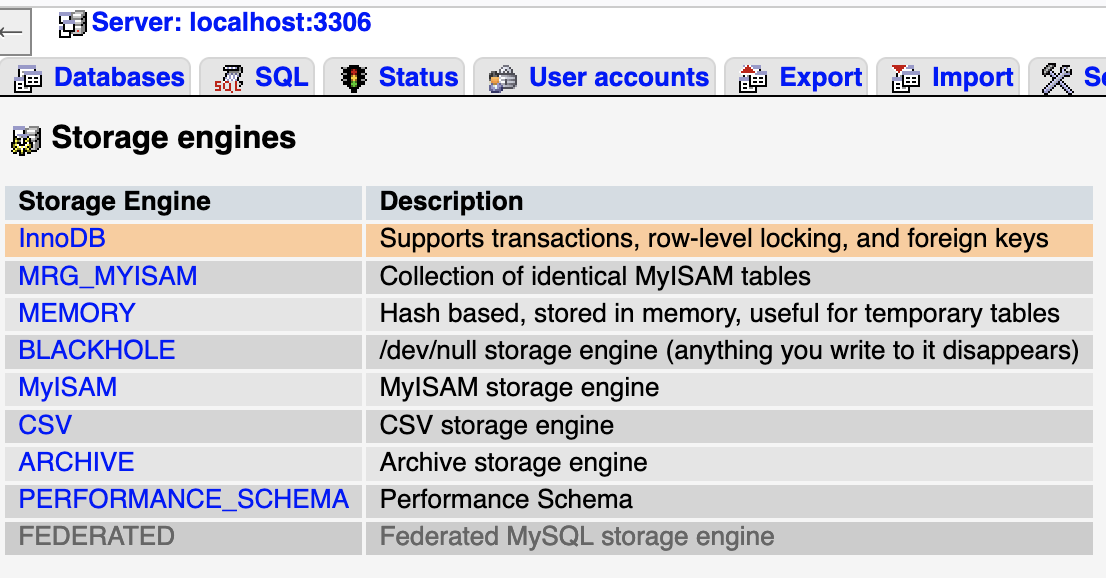 Default Storage Engines MySQL - InnoDB
