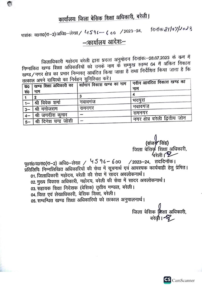 जनपद के भीतर हुए खण्ड शिक्षा अधिकारियों के हुए स्थानांतरण, देखें सूची