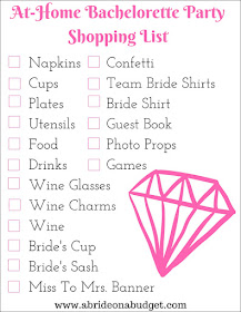 Planning a bachelorette party? Be sure to take our At-Home Bachelorette Party Shopping List from www.abrideonabudget.com.