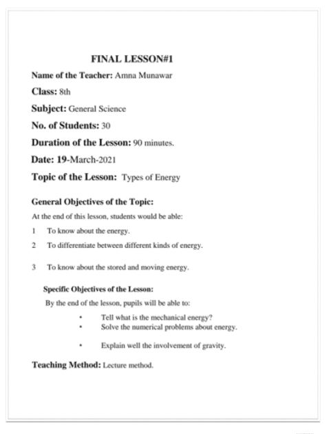 AIOU 8608 final lesson plan for general science