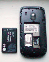 LG500g without back cover showing battery and sim card and microsd