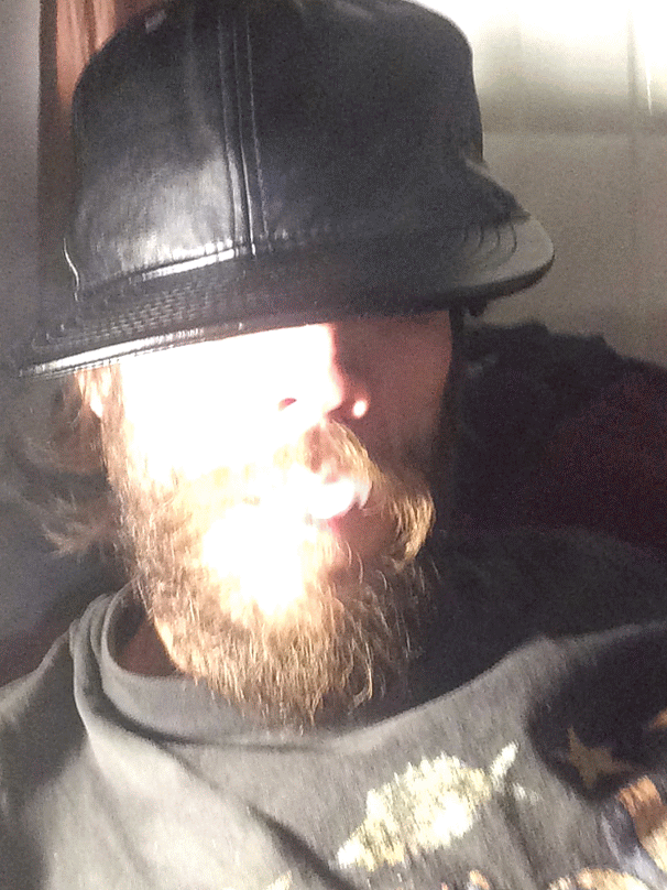 Oregonleatherboy with nice beard blowing thick tasty ganja smoke wearing leather hat hypnosmoke sexy capnolagnia style