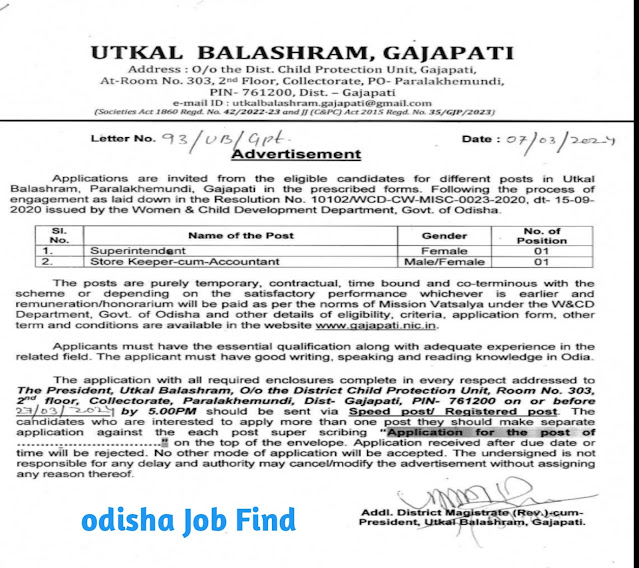 Utkal Balasram Recruitment 2024 Notification pdf
