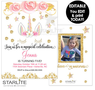 Unicorn photo birthday invitation printable editable instant download