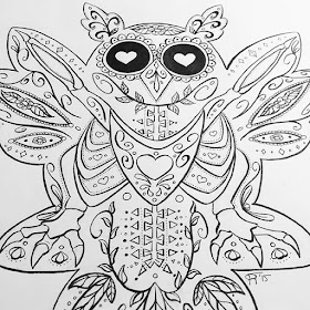 Black and white ink drawing of a candy skull owl