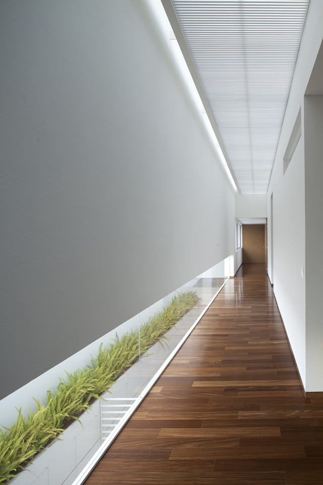 Modern white hallway with windows on the floor 